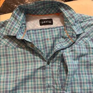 Orvis Men's Teal and White Plaid Button Down Shirt